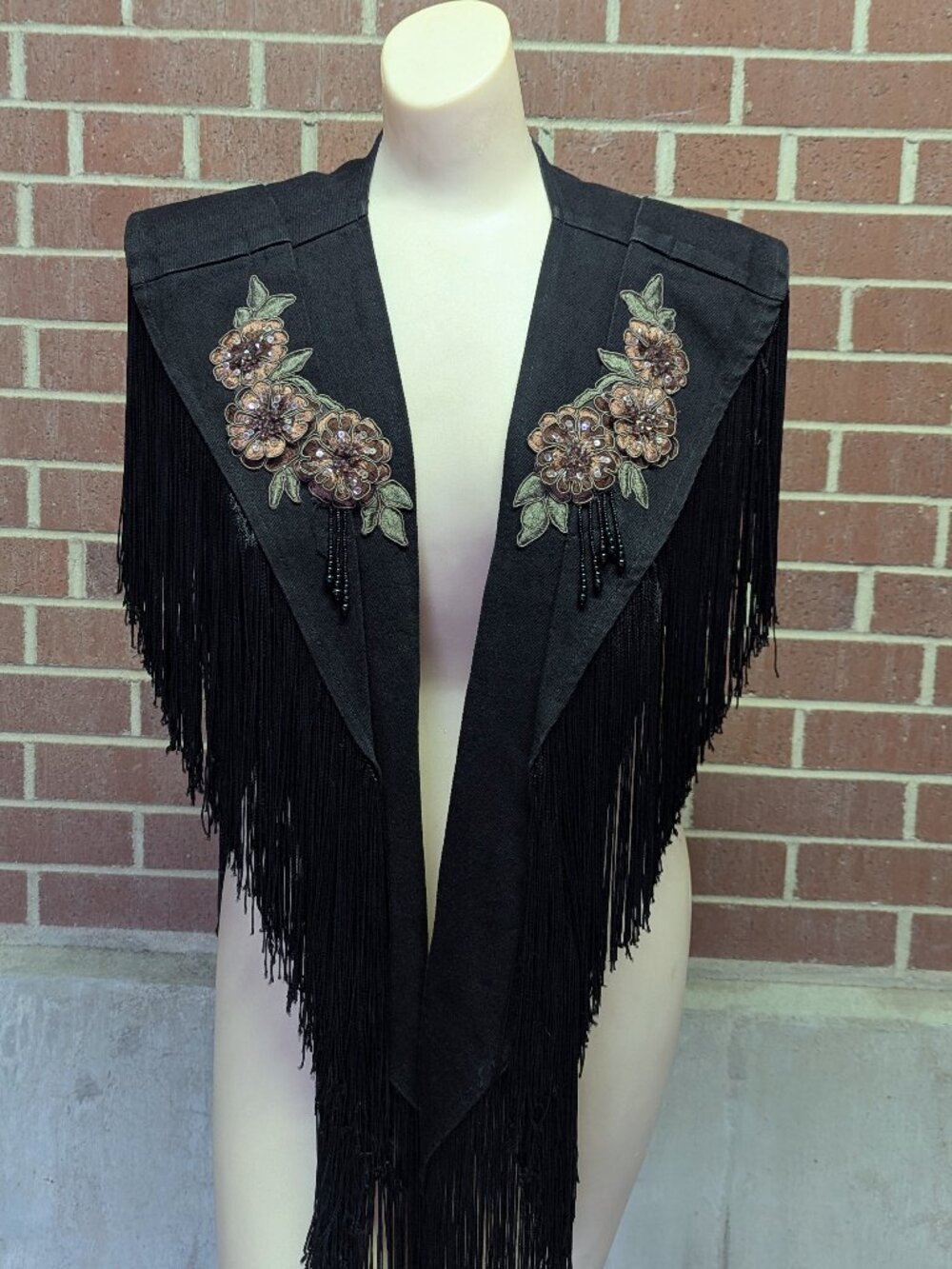 Rare Wanted by Beads Beautiful Black Denim Shawl Western Fringe Embroidery OS
